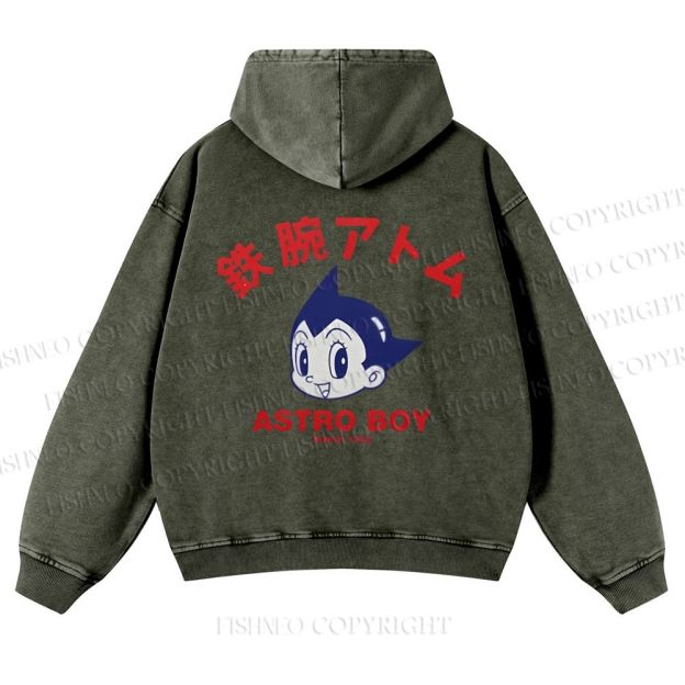 Casual Astro Boy Printed Washed Hoodie