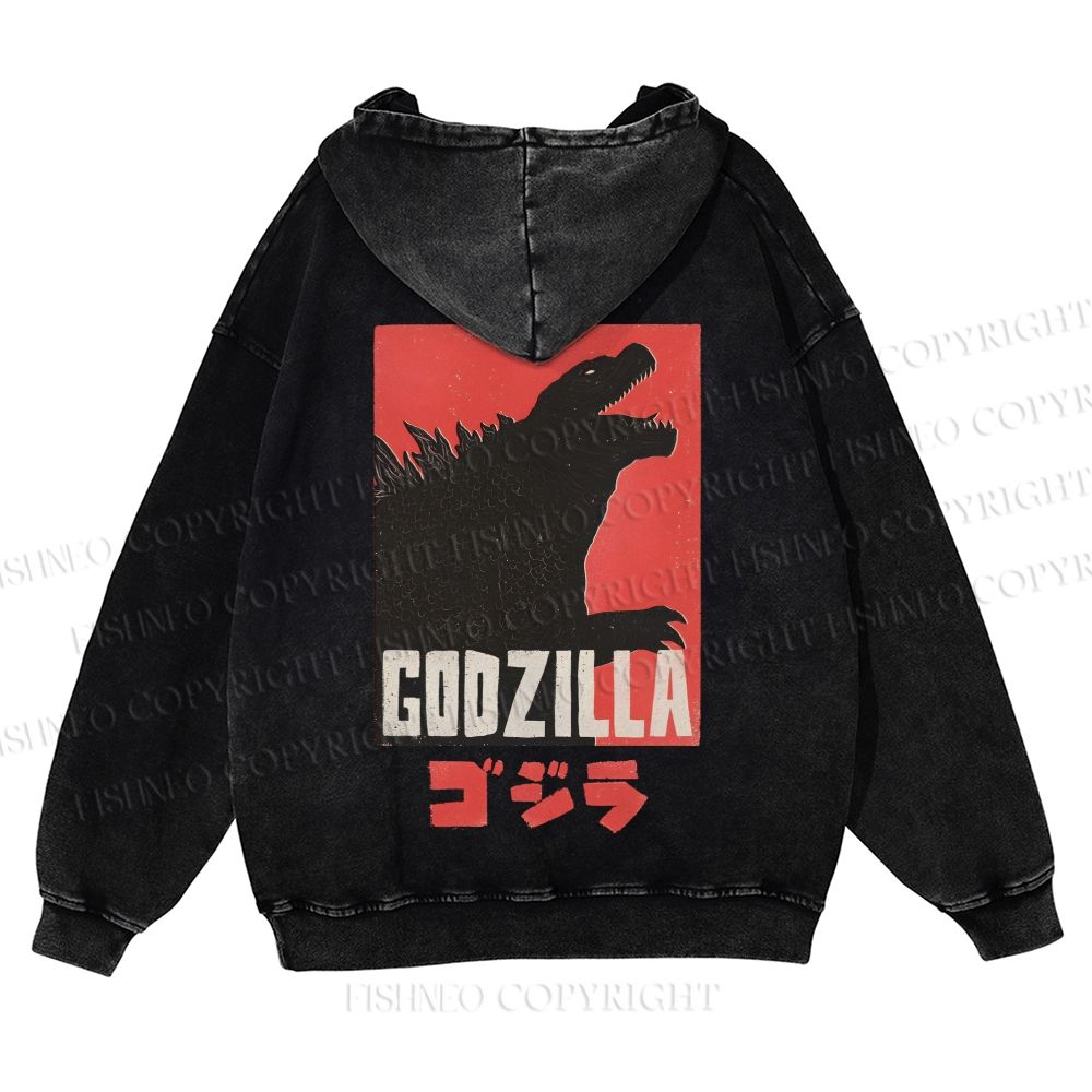 Casual Godzilla Printed Washed Hoodie