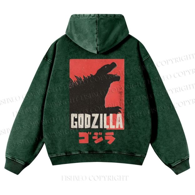 Casual Godzilla Printed Washed Hoodie