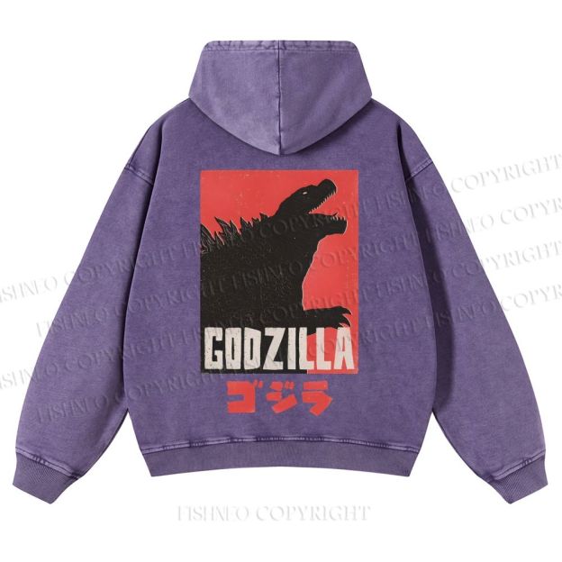 Casual Godzilla Printed Washed Hoodie