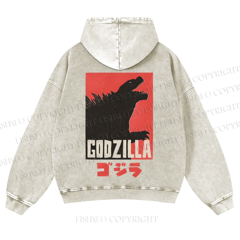 Casual Godzilla Printed Washed Hoodie