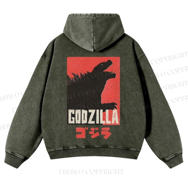 Casual Godzilla Printed Washed Hoodie