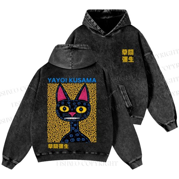 Unisex Casual Japanese Yayoi Kusama Cat Printed Washed Hoodie