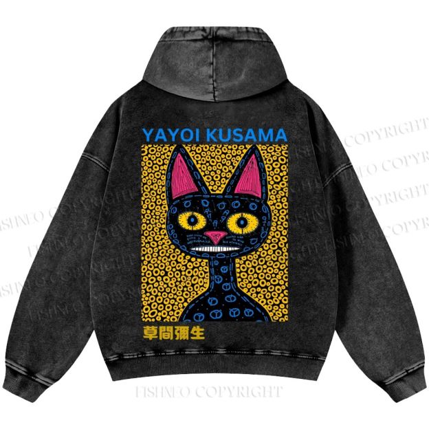 Unisex Casual Japanese Yayoi Kusama Cat Printed Washed Hoodie