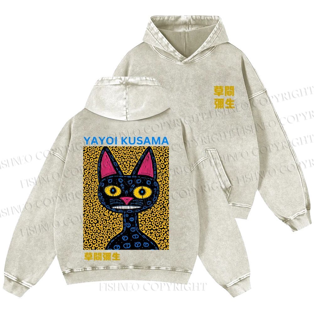 Unisex Casual Japanese Yayoi Kusama Cat Printed Washed Hoodie