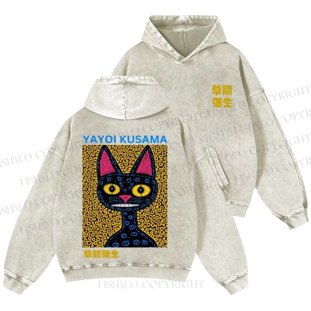 Unisex Casual Japanese Yayoi Kusama Cat Printed Washed Hoodie