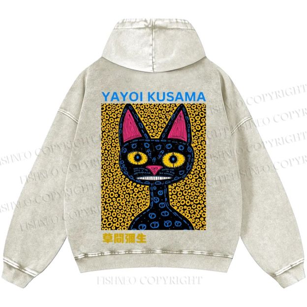 Unisex Casual Japanese Yayoi Kusama Cat Printed Washed Hoodie