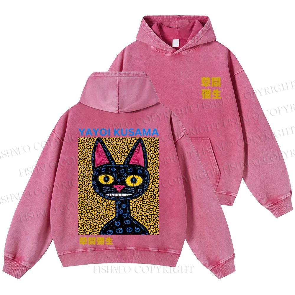 Unisex Casual Japanese Yayoi Kusama Cat Printed Washed Hoodie