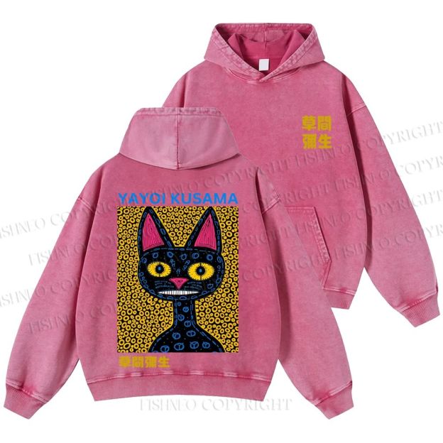 Unisex Casual Japanese Yayoi Kusama Cat Printed Washed Hoodie