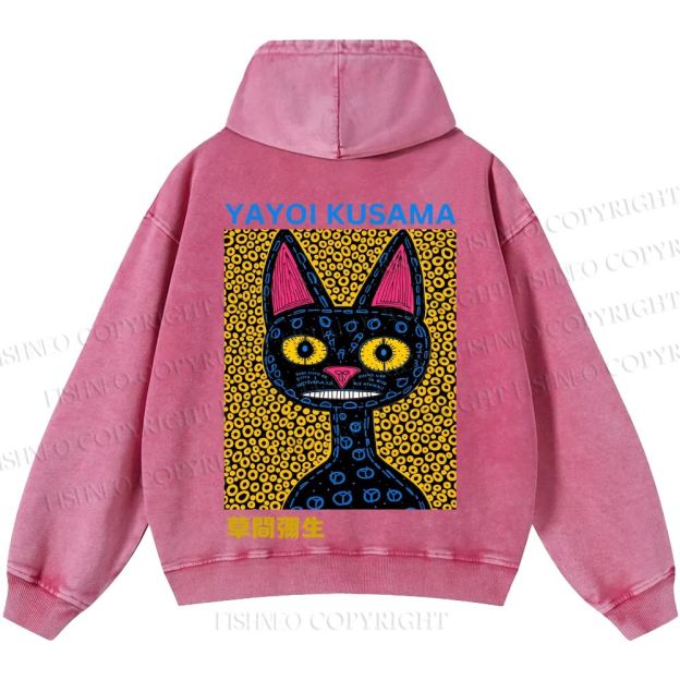 Unisex Casual Japanese Yayoi Kusama Cat Printed Washed Hoodie