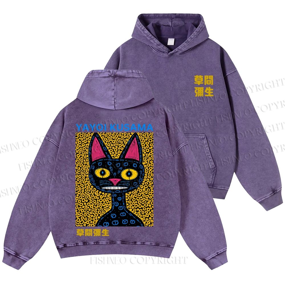 Unisex Casual Japanese Yayoi Kusama Cat Printed Washed Hoodie