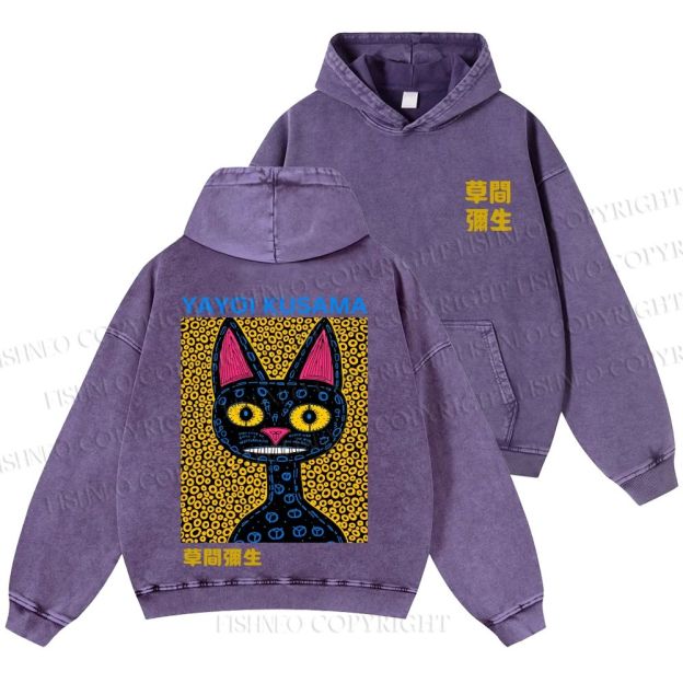 Unisex Casual Japanese Yayoi Kusama Cat Printed Washed Hoodie