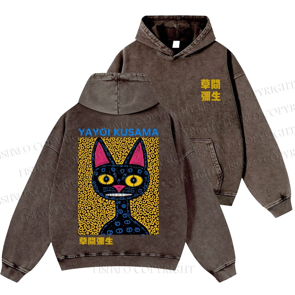 Unisex Casual Japanese Yayoi Kusama Cat Printed Washed Hoodie