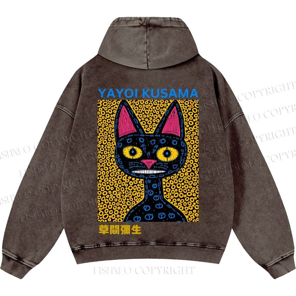 Unisex Casual Japanese Yayoi Kusama Cat Printed Washed Hoodie