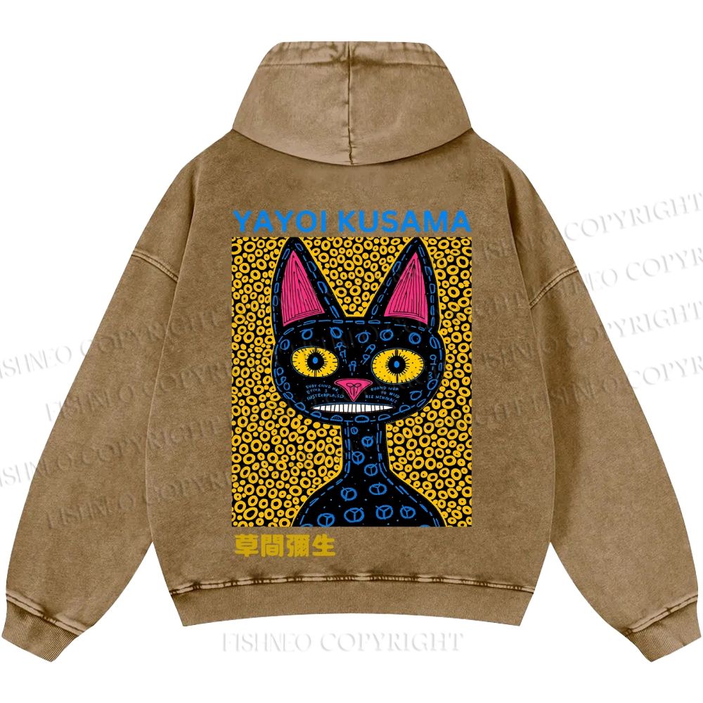Unisex Casual Japanese Yayoi Kusama Cat Printed Washed Hoodie