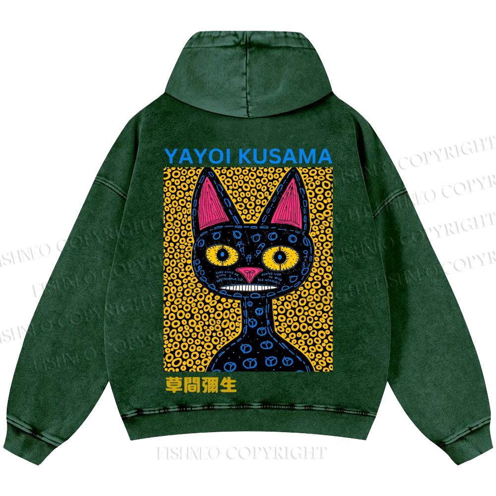 Unisex Casual Japanese Yayoi Kusama Cat Printed Washed Hoodie