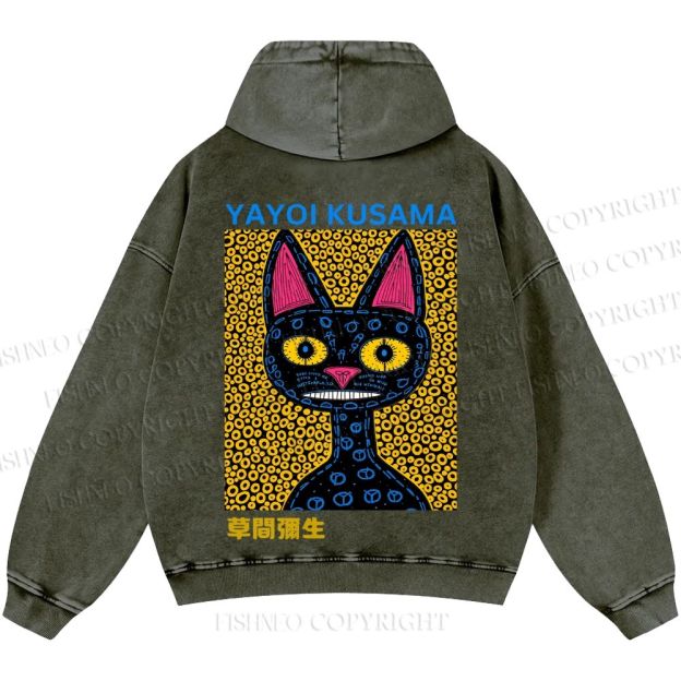 Unisex Casual Japanese Yayoi Kusama Cat Printed Washed Hoodie