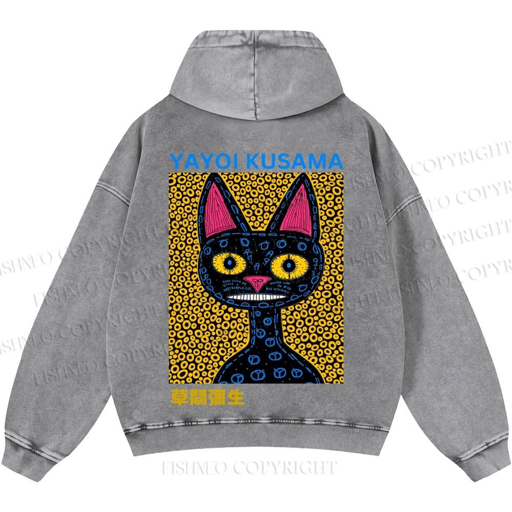 Unisex Casual Japanese Yayoi Kusama Cat Printed Washed Hoodie