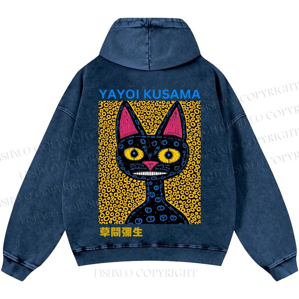 Unisex Casual Japanese Yayoi Kusama Cat Printed Washed Hoodie