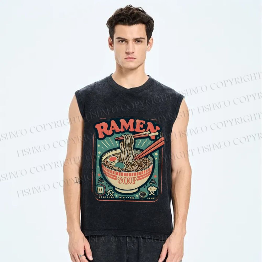Unisex Ramen Vintage Printed Washed Tank Top