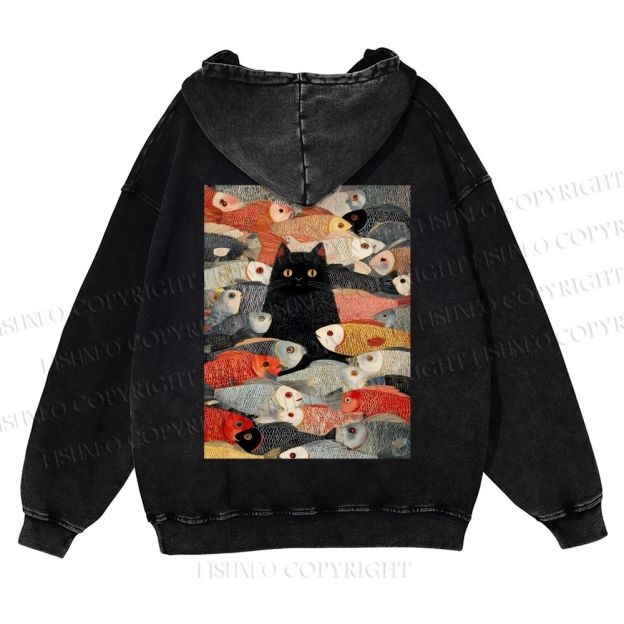 Vintage Japanese Black Cat Koi Fish Casual Washed Hoodie