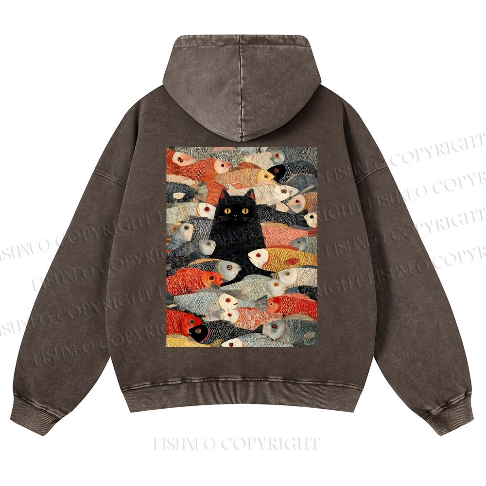 Vintage Japanese Black Cat Koi Fish Casual Washed Hoodie