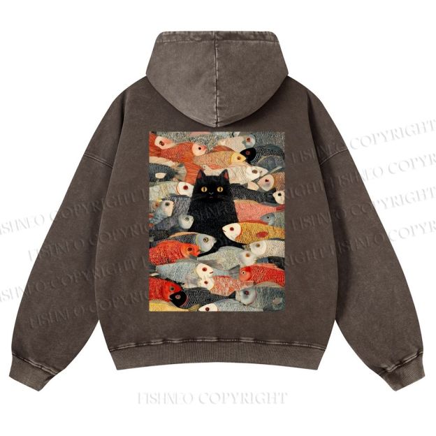Vintage Japanese Black Cat Koi Fish Casual Washed Hoodie