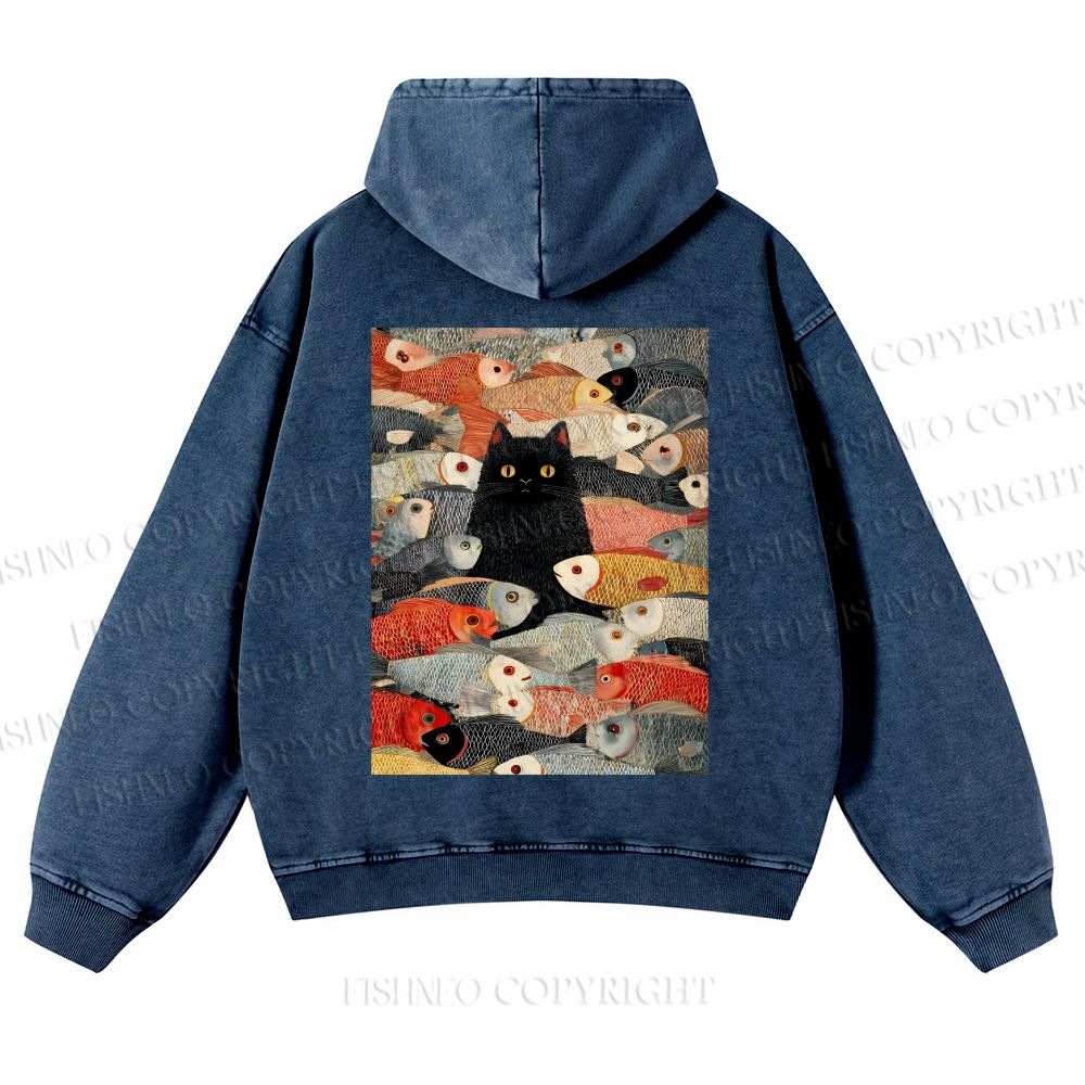 Vintage Japanese Black Cat Koi Fish Casual Washed Hoodie