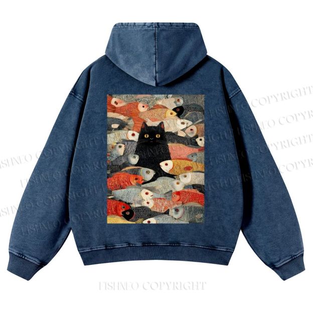 Vintage Japanese Black Cat Koi Fish Casual Washed Hoodie