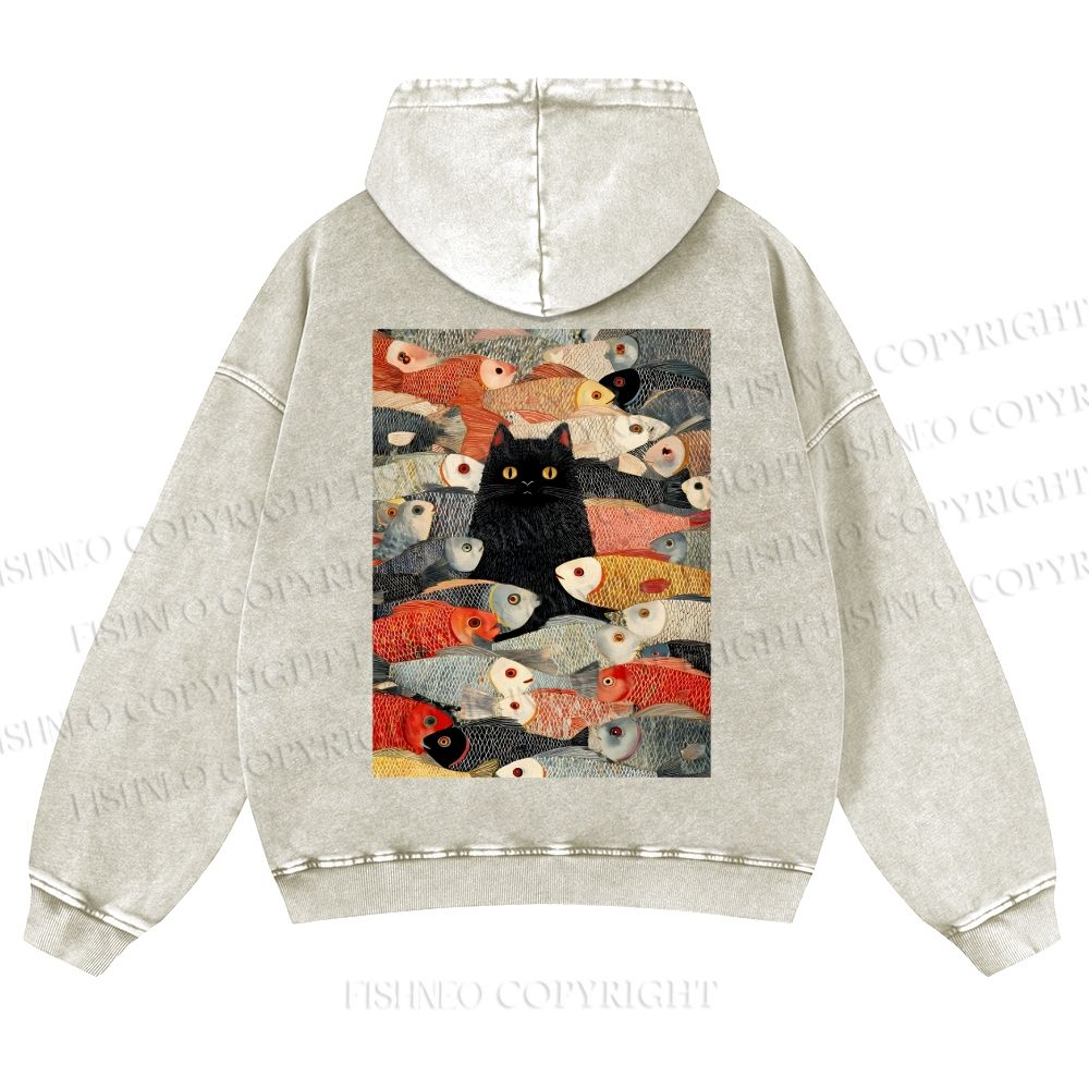 Vintage Japanese Black Cat Koi Fish Casual Washed Hoodie
