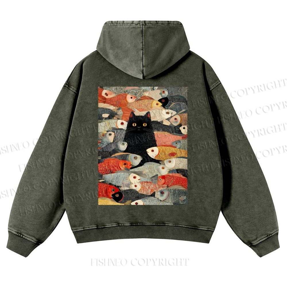 Vintage Japanese Black Cat Koi Fish Casual Washed Hoodie