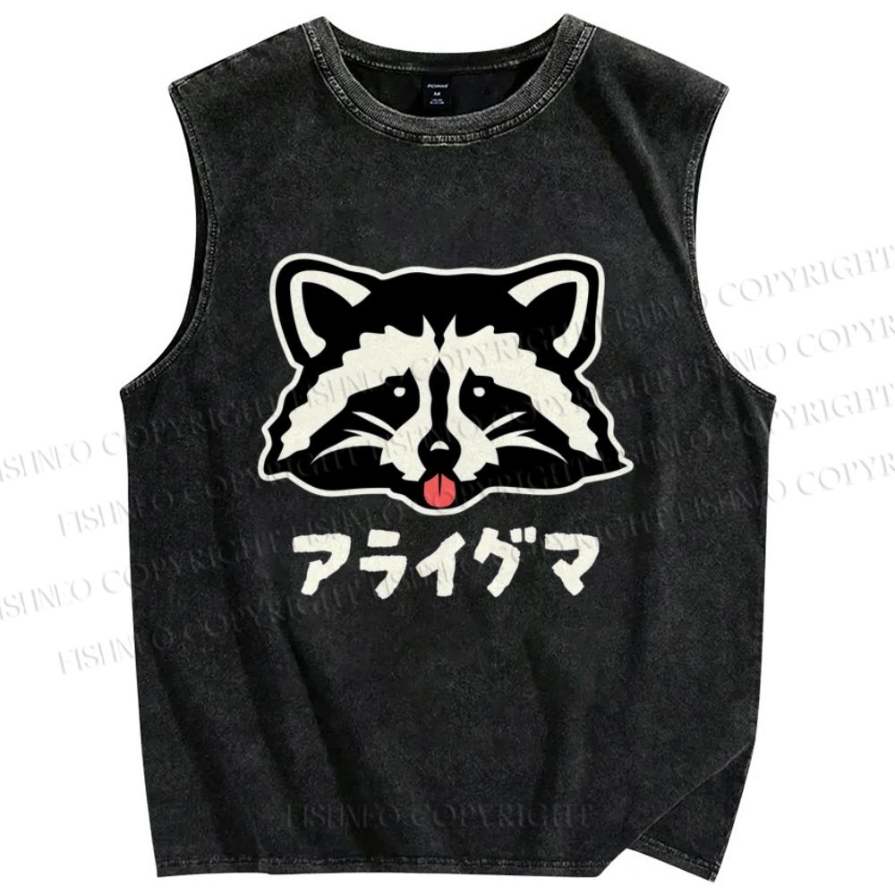 Unisex Playful Raccoon Head Printed Washed Tank Top