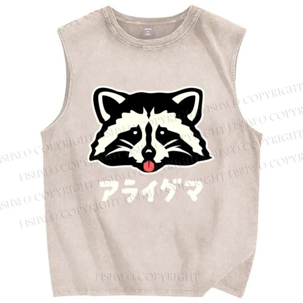 Unisex Playful Raccoon Head Printed Washed Tank Top
