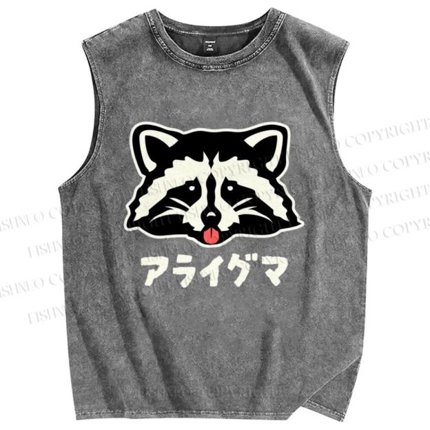Unisex Playful Raccoon Head Printed Washed Tank Top