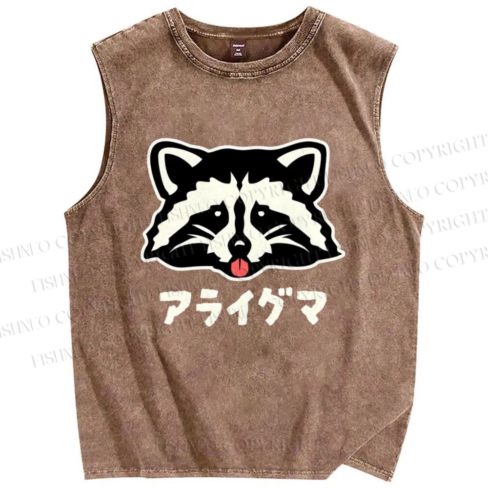 Unisex Playful Raccoon Head Printed Washed Tank Top