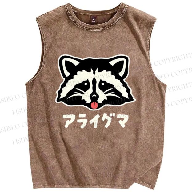 Unisex Playful Raccoon Head Printed Washed Tank Top