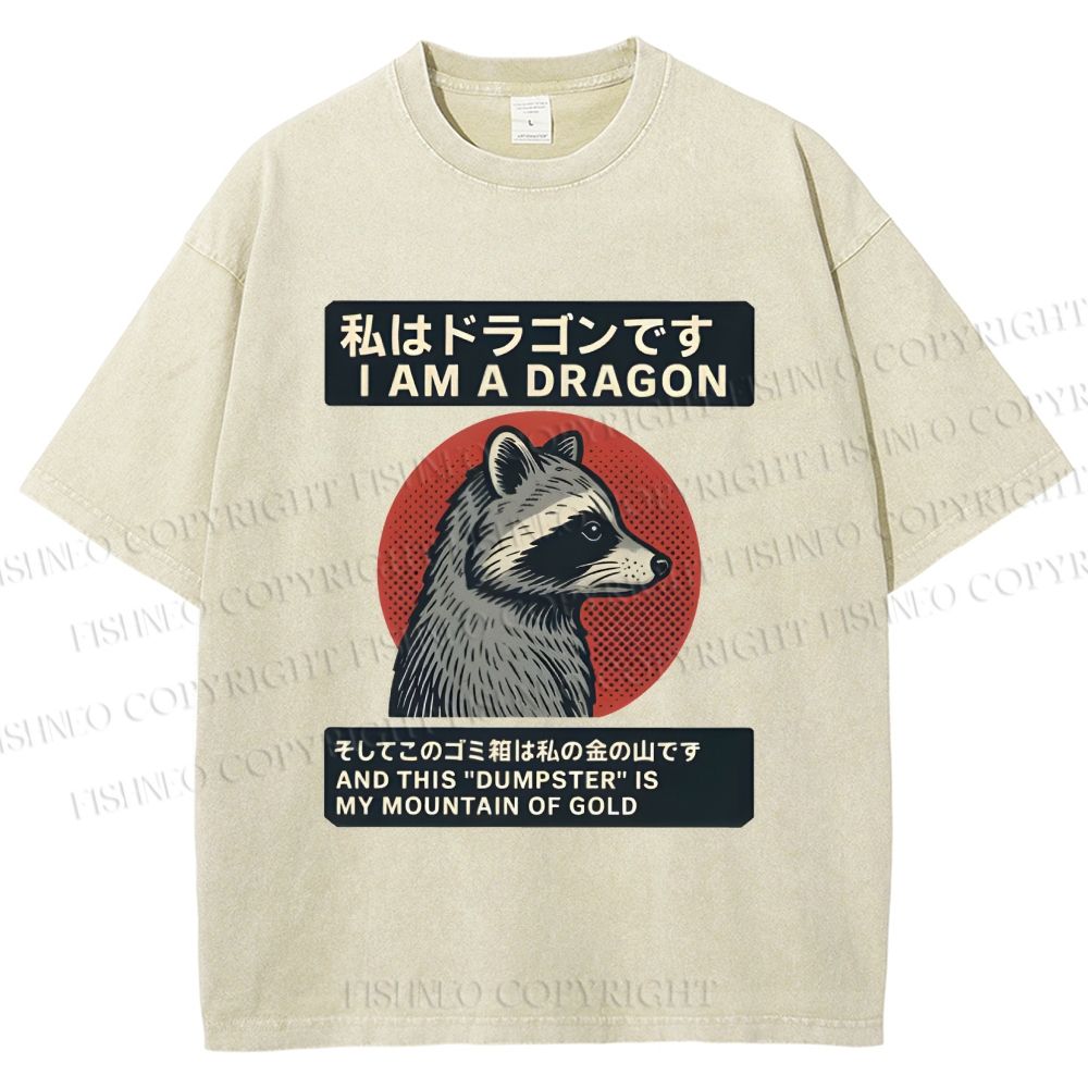 Unisex I Am A Dragon Raccoon Japanese Printed Washed Tee