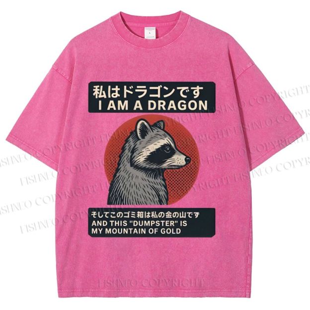 Unisex I Am A Dragon Raccoon Japanese Printed Washed Tee