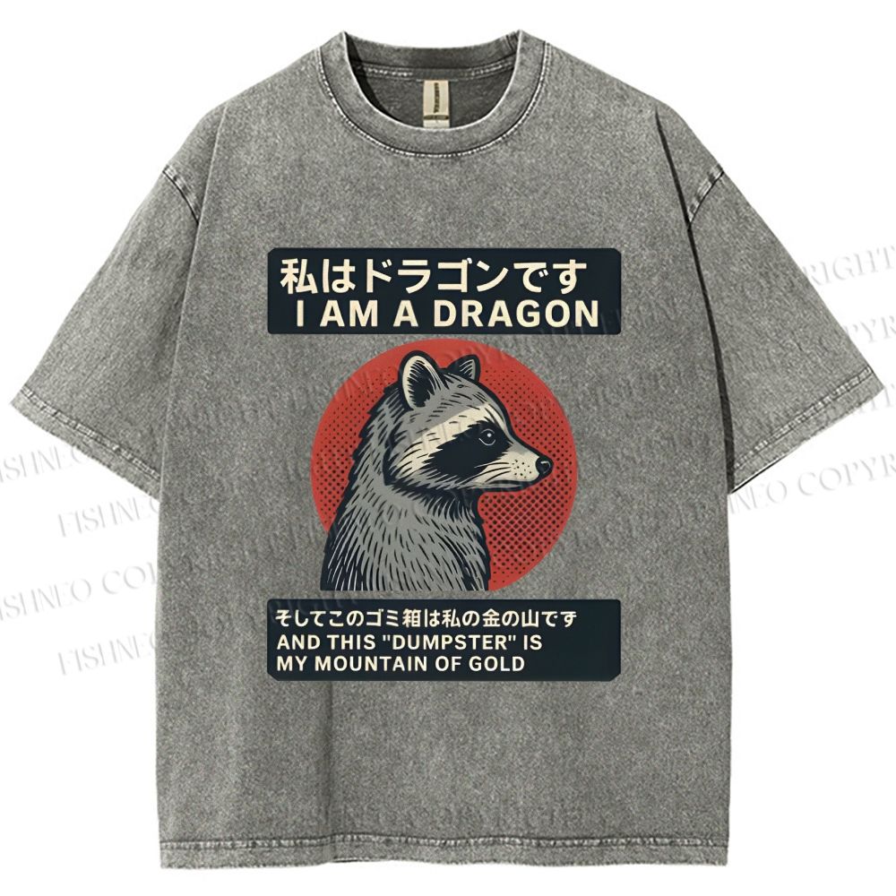 Unisex I Am A Dragon Raccoon Japanese Printed Washed Tee