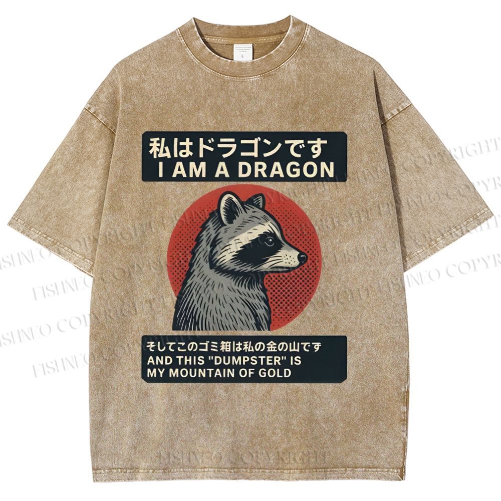 Unisex I Am A Dragon Raccoon Japanese Printed Washed Tee