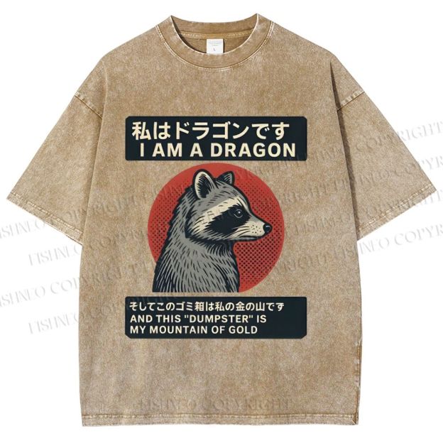Unisex I Am A Dragon Raccoon Japanese Printed Washed Tee