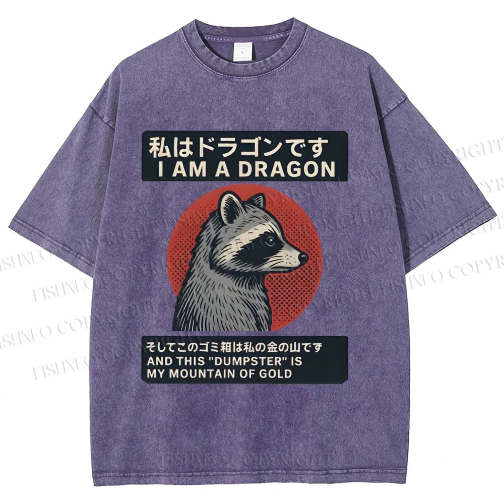Unisex I Am A Dragon Raccoon Japanese Printed Washed Tee