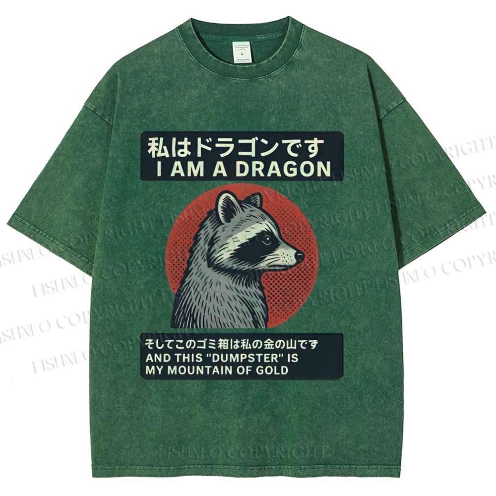 Unisex I Am A Dragon Raccoon Japanese Printed Washed Tee