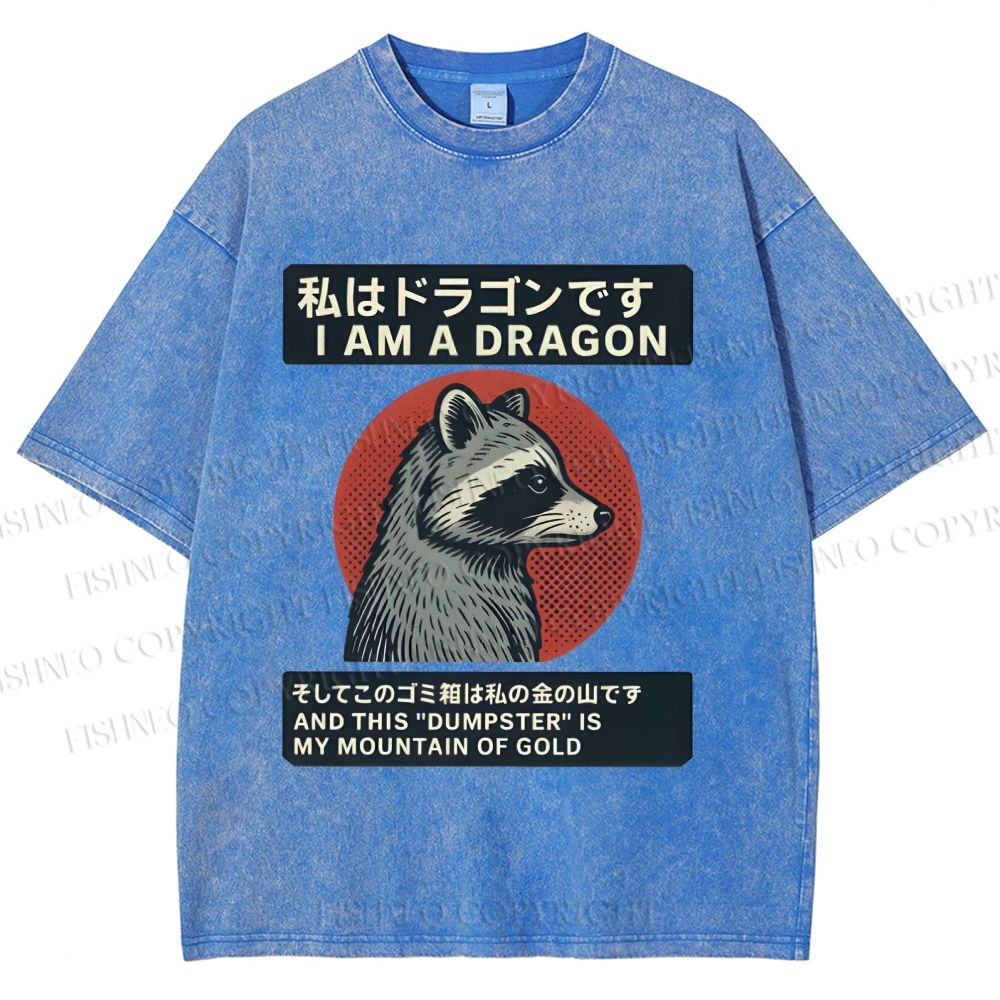 Unisex I Am A Dragon Raccoon Japanese Printed Washed Tee