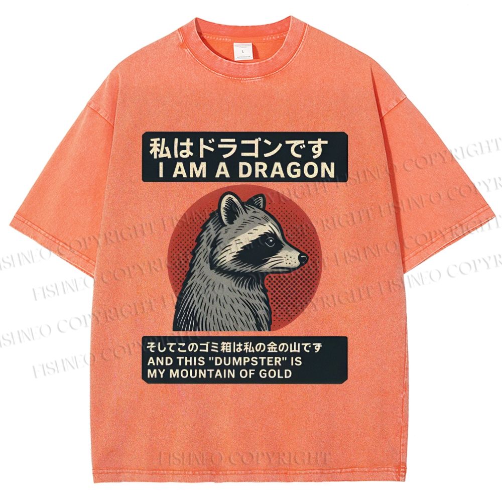 Unisex I Am A Dragon Raccoon Japanese Printed Washed Tee