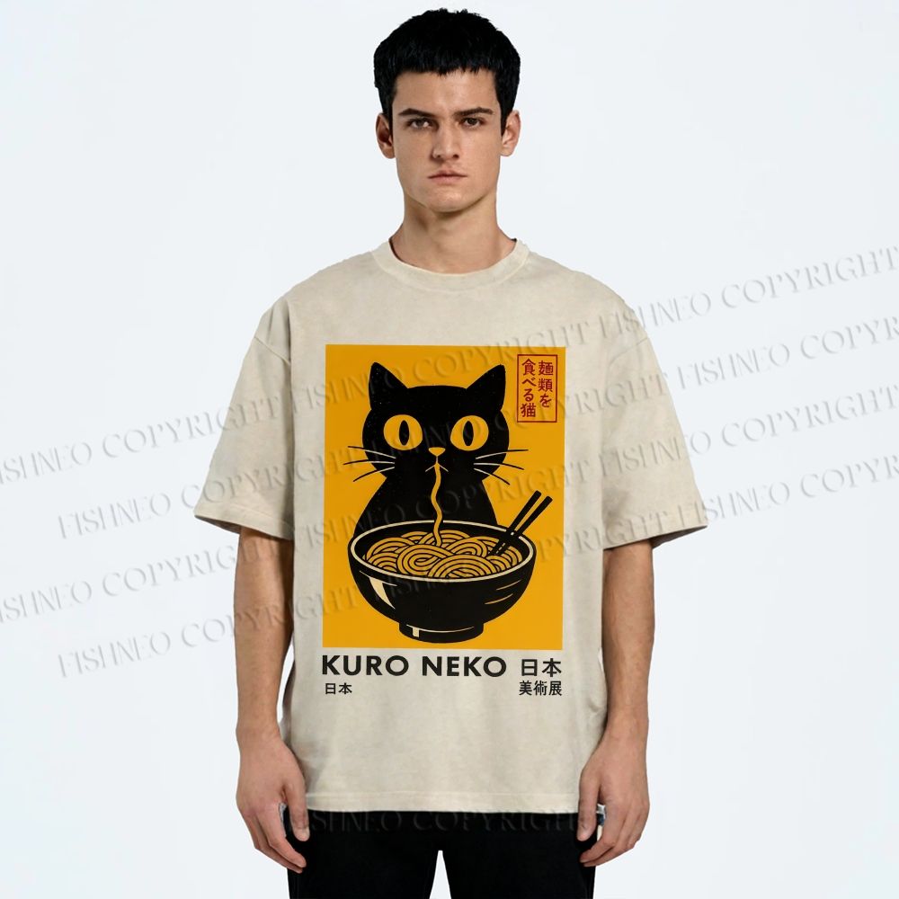 Unisex Kuro Neko Cat Printed Washed Tee