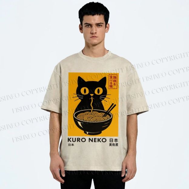 Unisex Kuro Neko Cat Printed Washed Tee