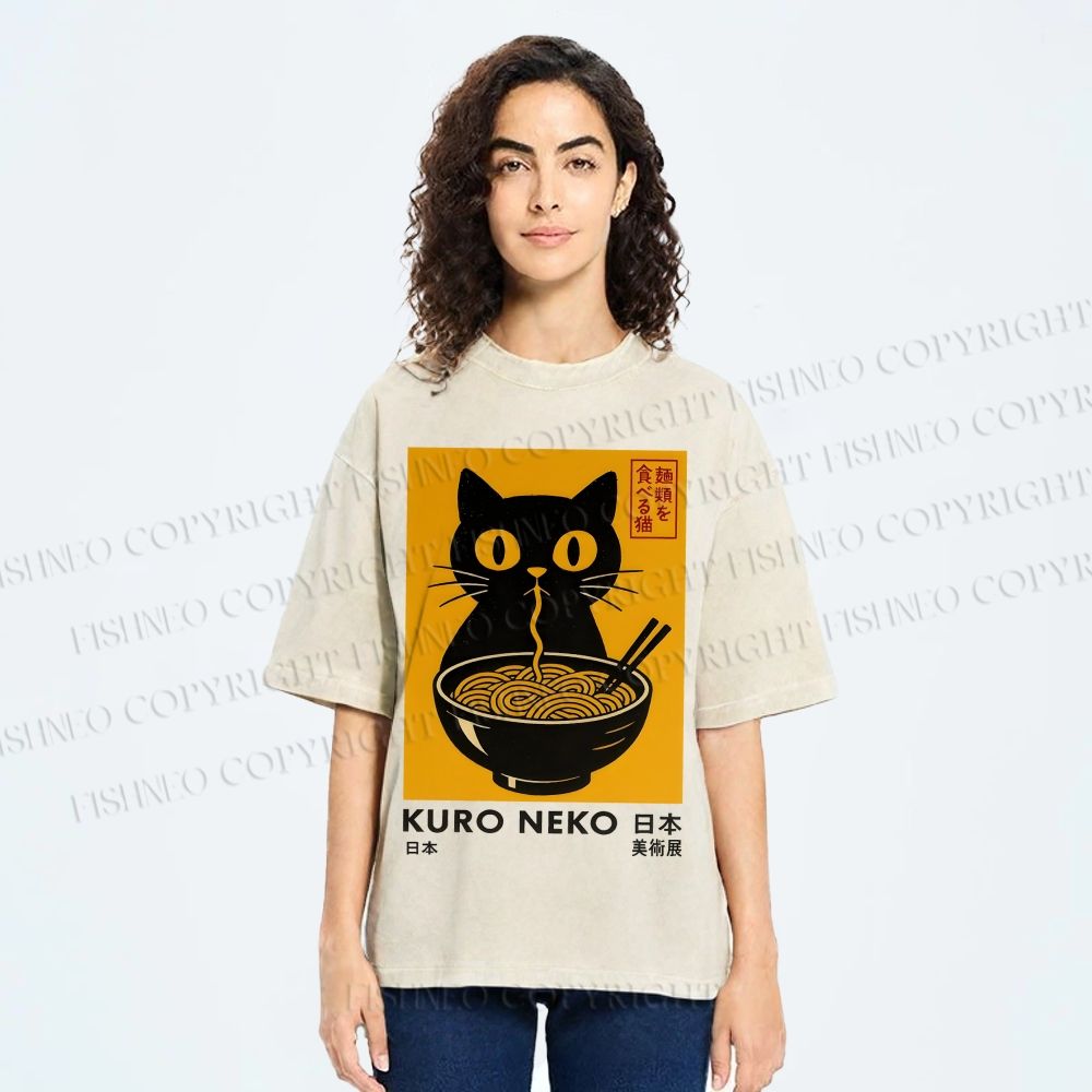 Unisex Kuro Neko Cat Printed Washed Tee