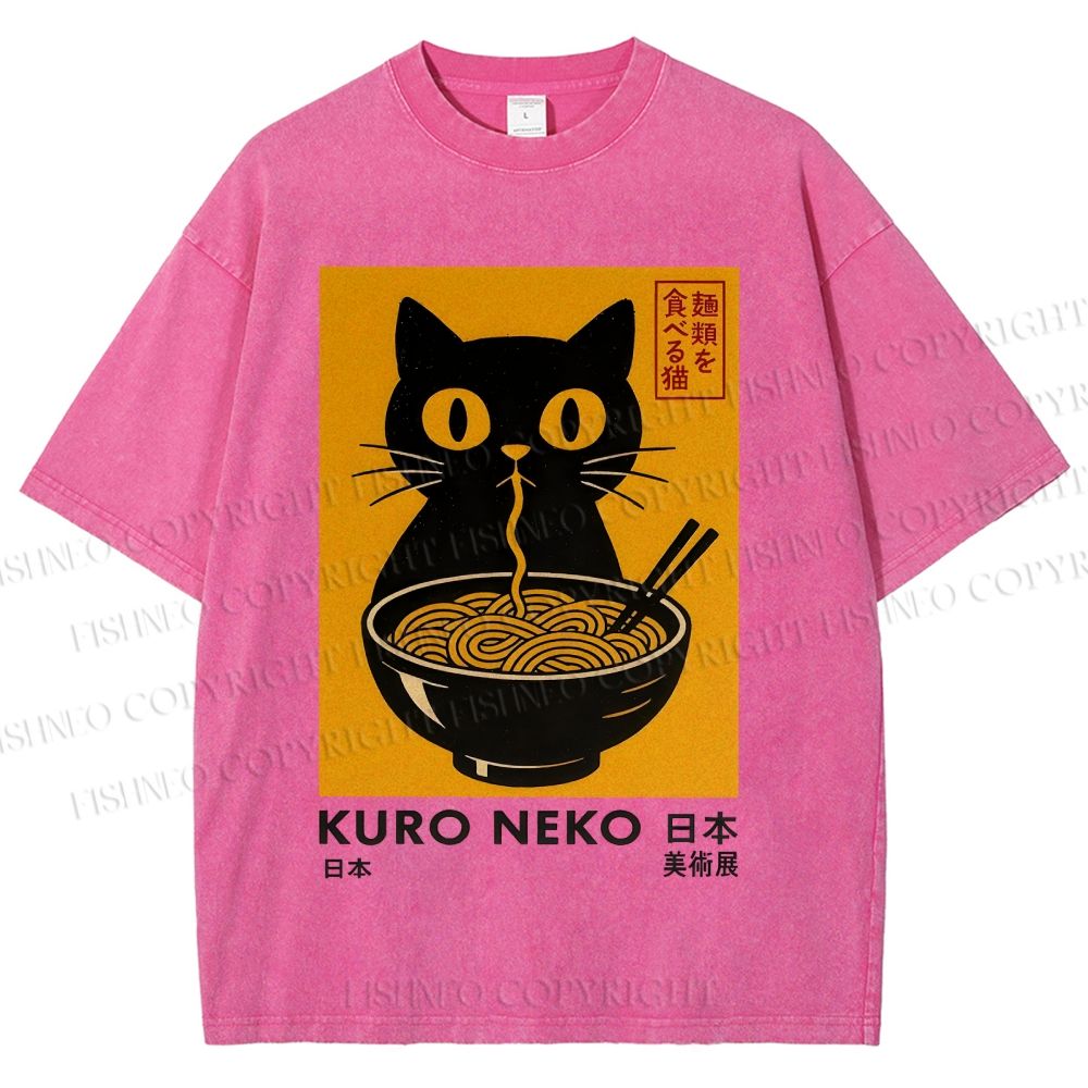 Unisex Kuro Neko Cat Printed Washed Tee