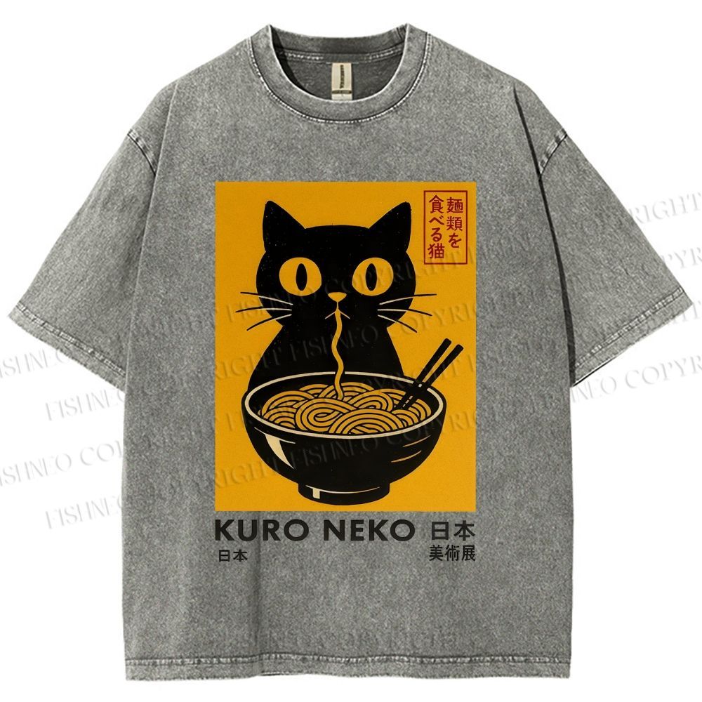 Unisex Kuro Neko Cat Printed Washed Tee